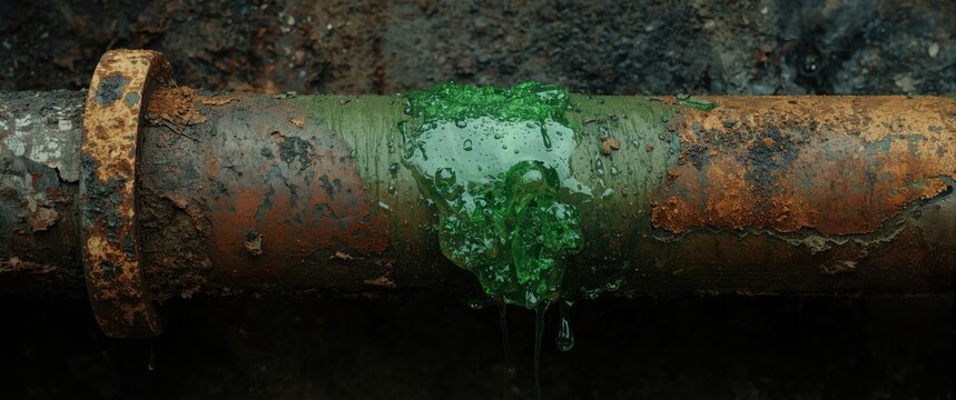 Rusty metal pipe with green sludge oozing from the surface