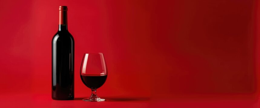 Red wine bottle and glass on a red background