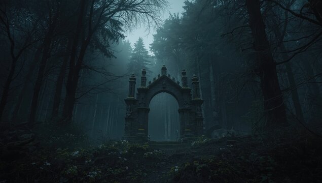 Toon inspired dark forest with an ancient archway and mist creating a magical background