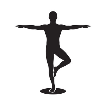 Black silhouette of a man balancing on one leg with outstretched arms