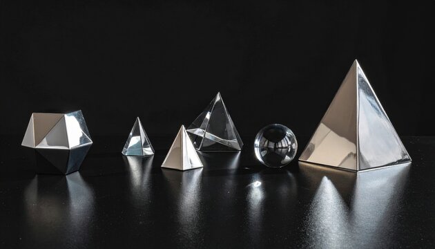 Assortment of Geometric Crystal Shapes Including Pyramids and Sphere Reflecting Light