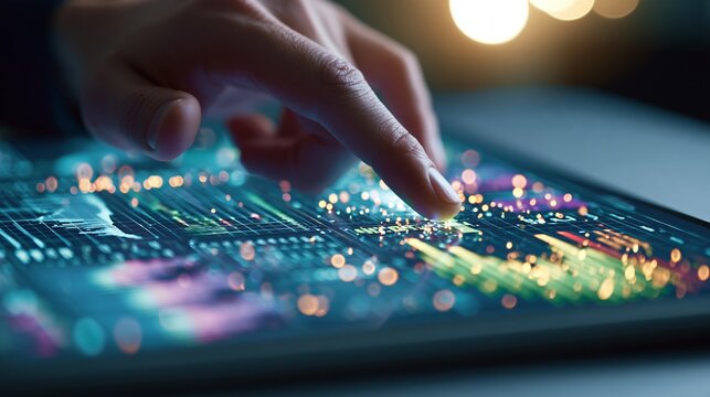 Person's hand touching futuristic digital tablet interface, analyzing virtual dashboard with colorful graphs and real time data