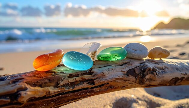 Naturally tumbled sea glass pieces in vibrant colors resting on weathered driftwood on a serene beach at sunset.