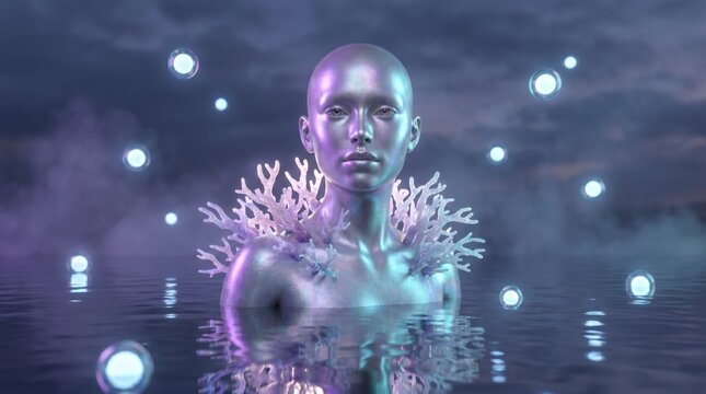 Ethereal metallic female model in dark water wearing white coral collar under glowing floating orbs