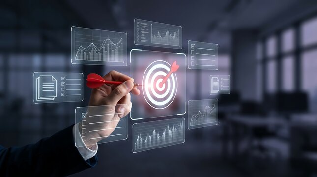 Strategic business planner pointing at digital dartboard hologram with performance data charts and task lists for goal achievement and corporate project management success concept