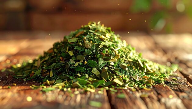 Pile of Dried Green Yerba Mate Leaves for Herbal Infusion and Beverage Preparation on Wooden Surface