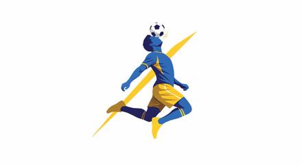 Fototapeta premium A powerful athlete leaping high into the air to strike a soccer ball with their forehead, muscles tensed, dynamic diagonal composition, minimalist royal blue and gold colors on stark white,
