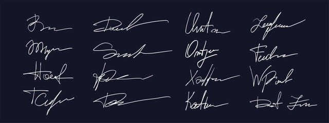 Hand drawn name signatures featuring authentic autograph set. Vector flowing calligraphy line and elegant pen strokes for official document and personal correspondence. Scribble collection © Yauheniya_Bandaruk