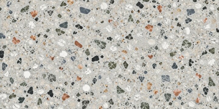 Seamless light grey terrazzo flooring texture with small multicolored natural stone chip aggregate