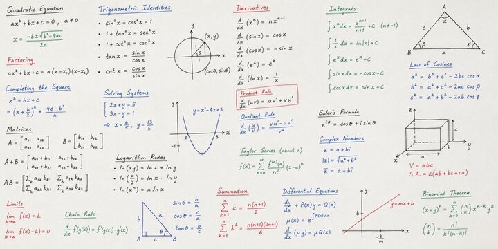 Comprehensive collection of fundamental mathematics formulas and calculus equations on paper texture