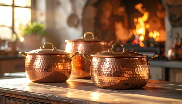 Gleaming Hammered Copper Pots and Cookware Set on Wooden Surface with Warm Fireplace Glow