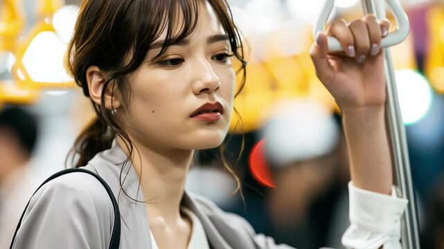 疲れた表情をして電車に乗る日本人女性