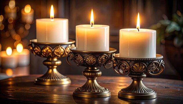 Three Ornate Polished Brass Candle Holders Radiate Warm, Gentle Light