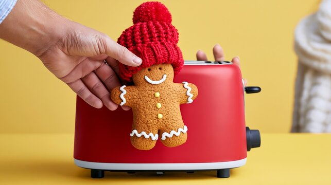 Hand lowering gingerbread man cookie wearing festive red hat into red toaster for holiday warming