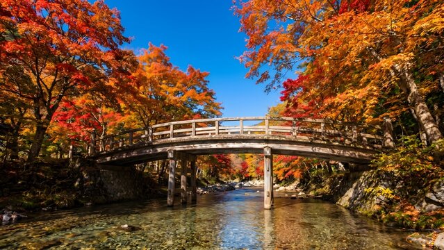 A picturesque autumn landscape in Japan featuring a rustic wooden bridge over a crystal-clear mountain stream, surrounded by vibrant red and gold maple trees under a bright blue sky.