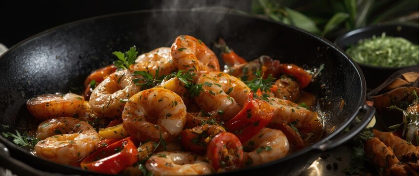 Shrimp and vegetables cooked in a skillet with herbs