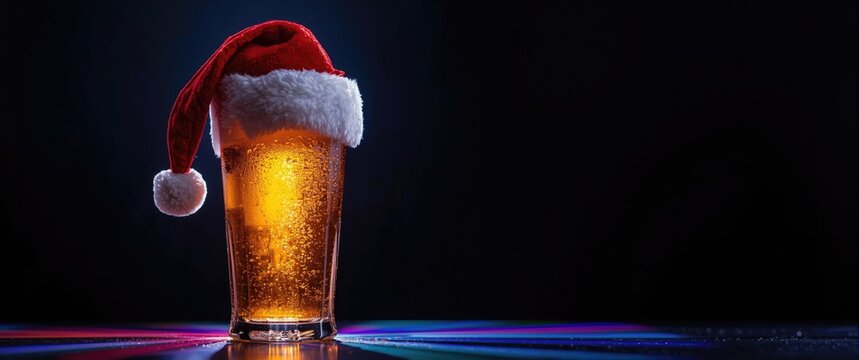 Glass of beer wearing a Christmas hat on a colorful surface