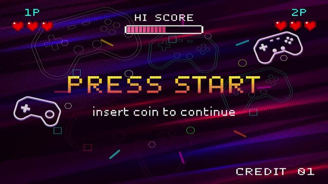 PRESS START. press start button. pixel art 8 bit. Retro Futurism Sci-Fi Background. glowing neon grid and stars from vintage arcade computer games