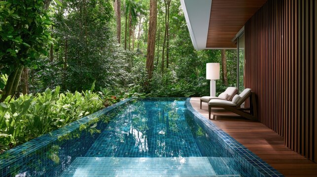 Luxury resort pool and lounge chairs nestled in lush jungle