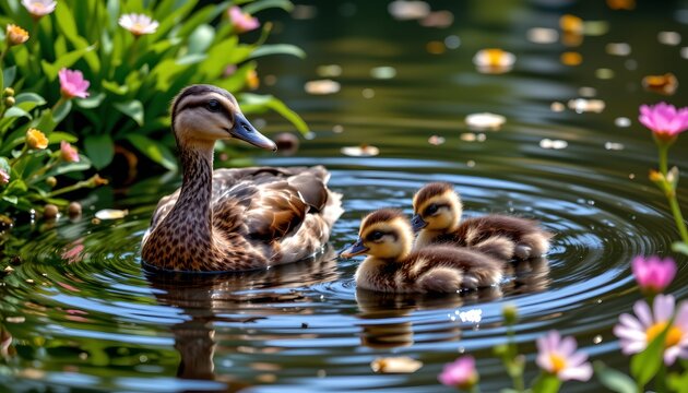 A duck family swimming in a pond with lily pads, surrounded by a tranquil nature setting with a wooden bridge and wildflowers.