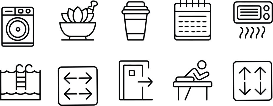 Set of hotel amenities and apartment service line icons including washing machine swimming pool massage coffee and air conditioner vector.
