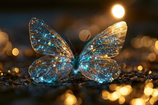 Illuminated butterfly wings sparkle with magical, glowing light