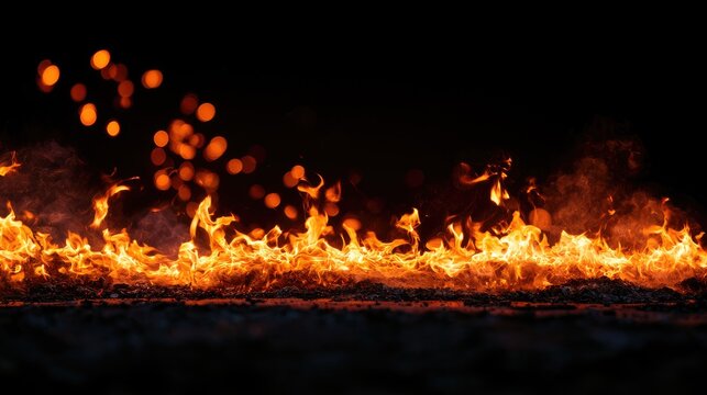 Bright orange flames dance across dark textured ground, sparks rise
