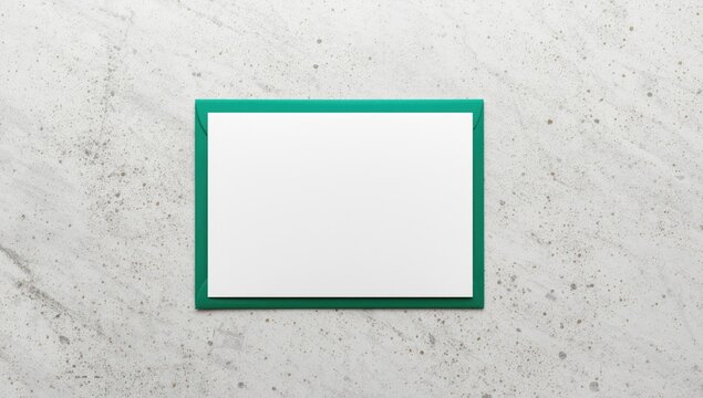 Blank greeting card with green border on a concrete surface