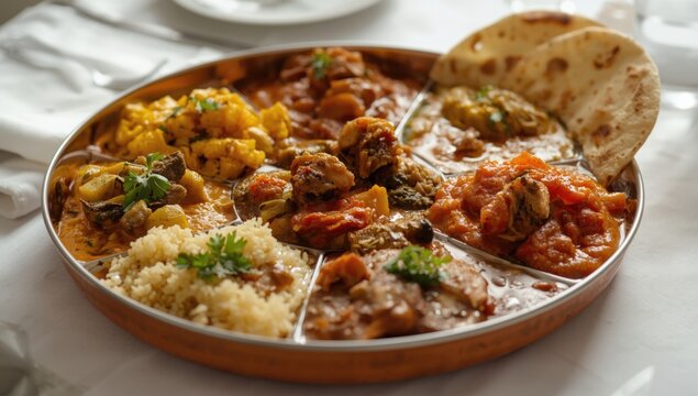 Platter of multiple delicious curry styles featured on white setting