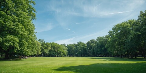 Fototapeta premium Spacious green park with trees under a clear blue sky