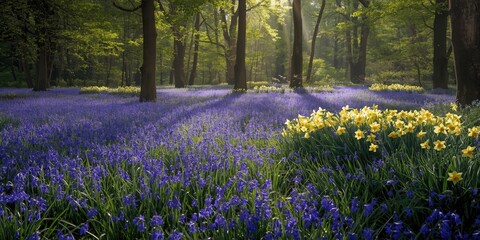 Naklejka premium Vibrant field of bluebells and daffodils in forest clearing