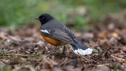 Obraz premium Eastern towhee bird standing on the ground among leaves