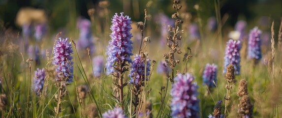 Fototapeta premium Purple wildflowers blooming in a grassy field
