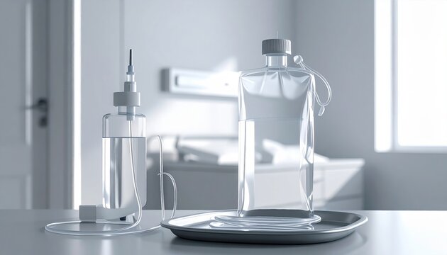 Medical intravenous drip bags with clear PVC material filled with saline solution in a clean hospital room setting
