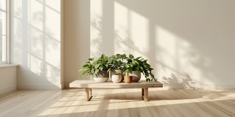 Fototapeta premium Sunlight streaming softly through window with botanical potted greenery crafting a bright inviting atmosphere plus copy space