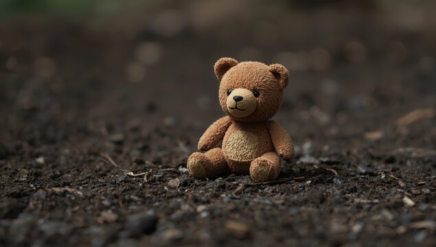 Stuffed teddy bear sitting on dark soil