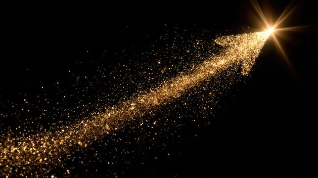Glittering golden arrow shoots upward with sparkling particles on black background