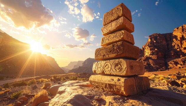 Stacked carved stone monoliths in ancient desert valley at sunrise, representing enduring history and natural grandeur.