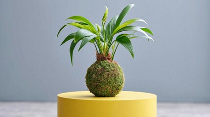 Fototapeta premium Kokedama moss ball plant growing with fresh green leaves on a bright yellow pedestal against a gray backdrop