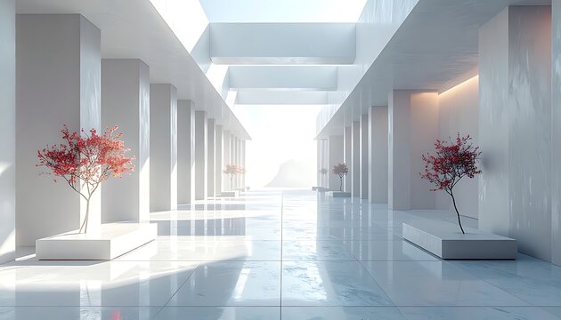 Modern interior design with columns and flowers.