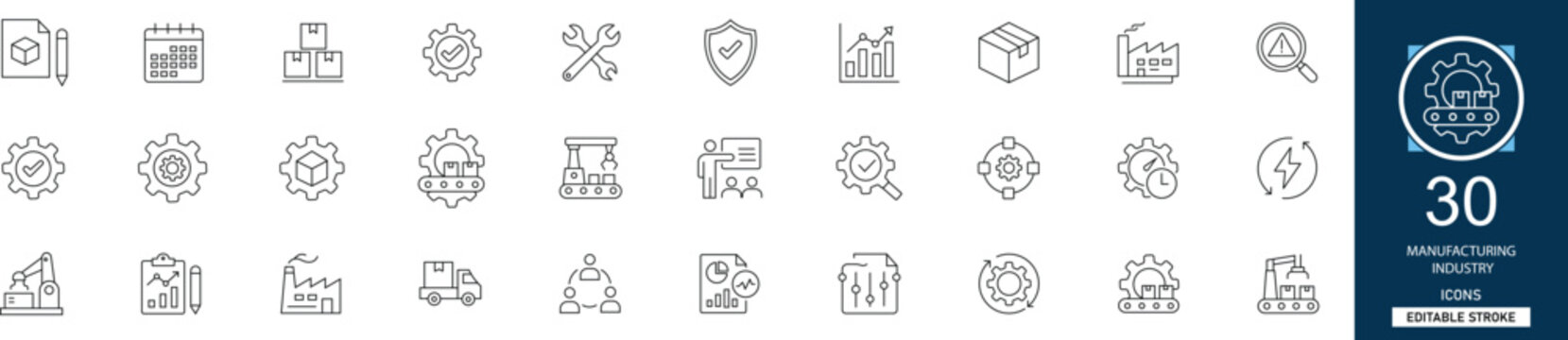 Manufacturing industry line icon set with 30 icons  factory, production, gear, assembly line, heavy machinery, logistics, industrial. Clean linear vector, editable stroke.