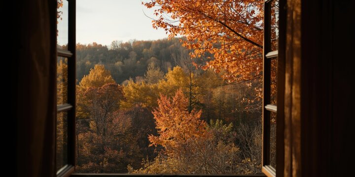 Window overlooking a peaceful golden leaf covered landscape in autumn