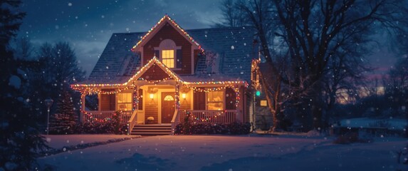 Obraz premium Holiday illuminated house shining brightly against a snowy winter evening backdrop