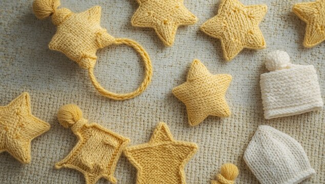 Top angle presentation of baby items paired with soft yellow knitted star figures