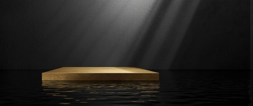 Wooden platform illuminated above dark water surface
