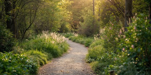 Fototapeta premium Winding pathway through a lush green forest