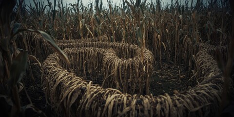 Fototapeta premium Immersed in a winding corn stalk labyrinth during a dull overcast fall afternoon