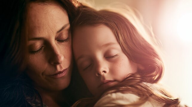 Mother embracing sleeping daughter, sharing tender emotional family moment with closed eyes at home