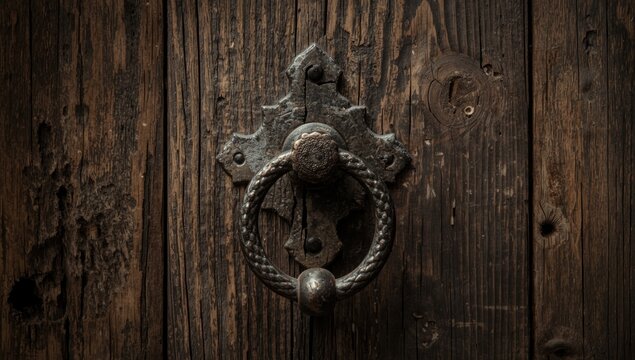 Rusty metal door knocker on dark wood paneling