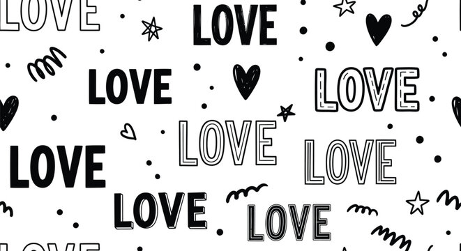 Love word pattern with hearts and stars on a white background